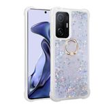 Elfia Xiaomi Mi 11T Pro 5G ile Uyumlu Kılıfı Silikon Şeffaf Simli Sıvılı Yüzüklü Standlı Kamera Lens ve Darbe Korumalı Kapak Milce Gümüş