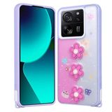 Elfia Xiaomi Mi 13T Pro ile Uyumlu Kılıfı Simli Silikon Kabartma Figürlü Darbe ve Kamera Lens Korumalı Kapak Cezve Mor Papatya