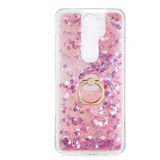 Elfia Xiaomi Redmi Note 8 Pro ile Uyumlu Kılıfı Silikon Şeffaf Simli Sıvılı Yüzüklü Standlı Kamera Lens ve Darbe Korumalı Kapak Milce Pembe