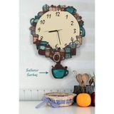 elfidadesign 3 Boyutlu Kahve Dünyası Temalı Sarkaçlı Ahşap Mutfak Duvar Saati Elf-2312036