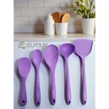 Elfnur 5 Parça Isıya Dayanıklı Yanmaz Yapışmaz Silikon Kepçe Spatula Kaşık Seti (30-28-22-20 cm - Mor