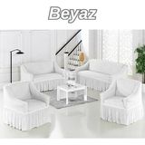 Elhoş 3+3+1+1 Bürümcük Koltuk Takımı Örtüsü. Etekli Streç Esnek Lastikli Çekyat Kanepe Kılıfı - 180 x 230 cm - Beyaz