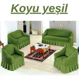 Elhoş 3+3+1+1 Bürümcük Koltuk Takımı Örtüsü. Etekli Streç Esnek Lastikli Çekyat Kanepe Kılıfı - 180 x 230 cm - Koyu Yeşil