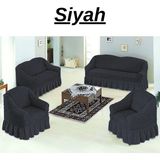 Elhoş 3+3+1+1 Bürümcük Koltuk Takımı Örtüsü. Etekli Streç Esnek Lastikli Çekyat Kanepe Kılıfı - 180 x 230 cm - Siyah