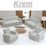 Elhoş Jakarlı 3+3+1+1 Koltuk Takımı Örtüsü. Lastikli, Esnek, Yıkanabilir Koltuk, Kanepe, Çekyat Kılıfı - 180 x 230 cm - Krem