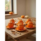 Elif Aksesuar 6’lı Pumpkin Balkabağı Desenli Fincan Takımı - Kapaklı ve Ayaklı Model - Turuncu - Altın - 90 ml