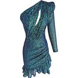Elif Naz Moda Evi Yeşil Lacivert Mat Payetli Tek Omuz Elbise