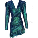 Elif Naz Moda Evi Yeşil Lacivert Payetli Fırfırlı Elbise