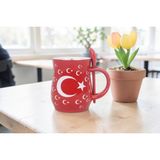 Elifeshop Ay Yıldız Tasarımlı Türk Bayraklı Kaşıklı Porselen Kupa Fincan Mug – 350 ml Büyük Boy 019-685 - 1 Adet - Kırmızı - Beyaz