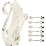 Elifeshop Lüks Iskandinav Kuğu Tutuculu 6’lı Tatlı Kahve Çay Kaşığı Seti Kristal Taş Detaylı Gümüş Set