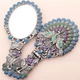 Elifeshop Lüks Tavus Kuşu Işlemeli Taşlı Katlanır El Aynası Zamak Döküm Hürrem Makyaj Aynası Hediyelik 22 cm - Gümüş