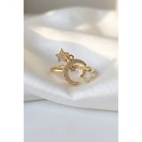 Elifsu Jewelry Ay yıldız Yüzük Yıldız Charm Detaylı Stargirl Çelik Yüzük Ayarlanabilir