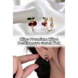 Elifsu Jewelry Klips Küpe Kiraz Tasarımlı Zirkon Taşlı Deliksiz Küpe Premium Tasarım Kulak Deliği Gerekmez