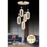 Elips Model 5'li Gold 3 Renk Ledli Kristal Taşlı Modern Salon Mutfak Oturma Odası LED Avize - Altın