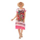 Eliş Şile Bezi 6060 Pembe Kısa Kol Vual Defne Midi Boy Elbise