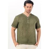Eliş Şile Bezi Bora Düğmeli V Yaka Kısa Kol Poplin Erkek Tişört | Yazlık Erkek Tshirt Açık Haki Ahk - 3XL