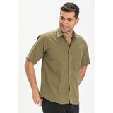 Eliş Şile Bezi Büyük Beden Kısa Kol Şile Bezi Tek Cepli Erkek Gömlek Haki - 4XL
