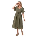 Eliş Şile Bezi Büzgülü Midi Elbise, L/XL, 521.03, Haki, Kadın