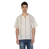 Eliş Şile Bezi Ekru Gri Çizgili 3028 Büyük Beden Kısa Kol Şile Bezi Bisiklet Yaka Erkek Tshirt