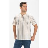 Eliş Şile Bezi Ekru Gri Çizgili 3028 Kısa Kol Şile Bezi Zımbalı Erkek Tshirt