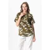 Eliş Şile Bezi Kısa Kol Şile Bezi Seda V Yaka Kamuflaj Yazlık Bluz, 2XL, 311.01, Yeşil, Kadın