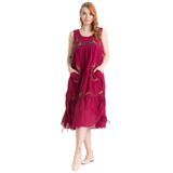 Eliş Şile Bezi Kolsuz Vual Nakışlı Midi Elbise, XL, 723.10, Bordo, Kadın