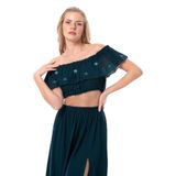 Eliş Şile Bezi Lavinya Vual Lastik Detaylı Nakışlı Yazlık Crop Bluz, L/XL, 713.01, Petrol, Kadın