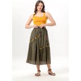 Eliş Şile Bezi Nihal Bağlamalı Vual Beli Lastikli Otantik Tek Cepli Yazlık Uzun Etek Haki Hk - 2XL - 3XL