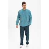 Eliş Şile Bezi Turkuaz Çizgili 3071 Uzun Kol Şile Bezi Hakim Yaka Erkek Tshirt