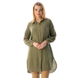 Eliş Şile Bezi Uzun Kol Deste Gömlek Yaka Yazlık Müslin Tunik, M, 552.02, Haki, Kadın