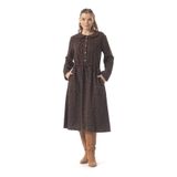 Eliş Şile Bezi Uzun Kol Sibel Pazen Şal Desen Belden Büzgülü Kışlık Midi Boy Cepli Elbise Kahve Khv