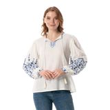 Eliş Şile Bezi Uzun Kol Şile Bezi İdil V Yaka Nakışlı Yazlık Bluz, XL, 212.29, Krem, Kadın