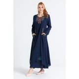Eliş Şile Bezi Uzun Kol Şile Bezi Nakışlı Antik Uzun Tesettür Otantik Elbise Lacivert Lcvt - XL