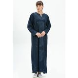 Eliş Şile Bezi Uzun Kol Şile Bezi Simli Kaftan Midi Boy Yazlık Elbise Lacivert Lcvt