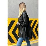 Elisa Oversize Deri Gömlek Siyah Renkli Günlük Stil Çift Cepli Uzun Kol Kadın Modası