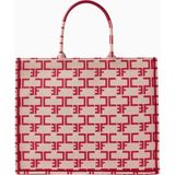 Elısabetta Franchı Large Monogram Tote Çanta, Jakarlı Kumaş Ef Logolu Lüks Omuz Çantası - Kırmızı