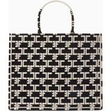Elısabetta Franchı Large Monogram Tote Çanta Siyah, Jakarlı Kumaş Ef Logolu Lüks Omuz Çantası
