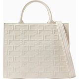 Elısabetta Franchı Medium Bold Monogram Shopper Bag Butter Ton Faux Deri, Logolu Lüks Omuz ve El Çantası - Krem