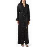 Elisabetta Franchi Şık Ipek Kaftan Elbise Dantel Işlemeli Uzun Kollu ve Metal Kemerli Tasarım - Siyah - 48