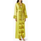 Elisabetta Franchi Şık Ipek Kaftan Elbise Dantel Işlemeli Uzun Kollu ve Metal Kemerli Tasarım - Yeşil - 40