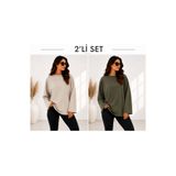 ELİSSE Kadın 2’li Set Oversize Basic Uzun Kollu Tişört Bej Haki Salaş Rahat Kalıp