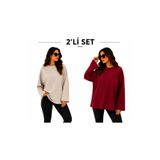 ELİSSE Kadın 2’li Set Oversize Basic Uzun Kollu Tişört Bej Kırmızı Salaş Rahat Kalıp