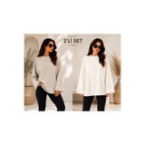 ELİSSE Kadın 2’li Set Oversize Basic Uzun Kollu Tişört Bej Krem Salaş Rahat Kalıp