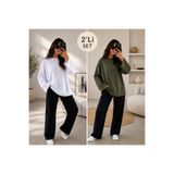 ELİSSE Kadın 2’li Set Oversize Basic Uzun Kollu Tişört Beyaz Haki Salaş Rahat Kalıp