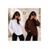 ELİSSE Kadın 2’li Set Oversize Basic Uzun Kollu Tişört Beyaz Kahve Salaş Rahat Kalıp
