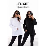 ELİSSE Kadın 2’li Set Oversize Basic Uzun Kollu Tişört Beyaz Siyah Salaş Rahat Kalıp