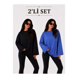 ELİSSE Kadın 2’li Set Oversize Basic Uzun Kollu Tişört Siyah İndigo Salaş Rahat Kalıp