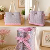 elisss bag Çiçek Desenli Kadın Çanta, Piknik Çantası, Lunchbag, Bebek Çantası, Plaj Çantası %100 Pamuk - Açık Pembe - Hafif
