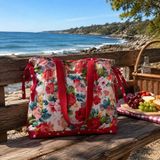 elisss bag Çiçek Desenli Kadın Çanta, Piknik Çantası, Lunchbag, Bebek Çantası, Plaj Çantası %100 Pamuk - Kırmızı