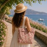 elisss bag Çiçek Desenli Kadın Çanta, Termos Çanta, Piknik Çantası, %100 Pamuk - Pembe